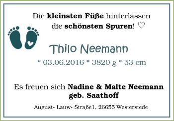 Babyanzeige von Thilo Neemann von Nordwest-Zeitung