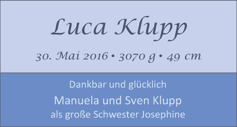 Anzeige für Luca Klupp vom 08.06.2016 aus Nordwest-Zeitung