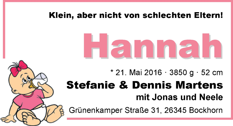 Anzeige für Hannah Martens vom 11.06.2016 aus Nordwest-Zeitung