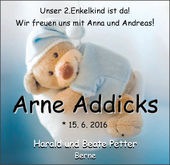 Babyanzeige von Arne Addicks von Nordwest-Zeitung