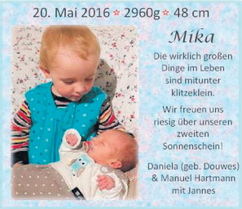 Babyanzeige von Mika Hartmann von Nordwest-Zeitung