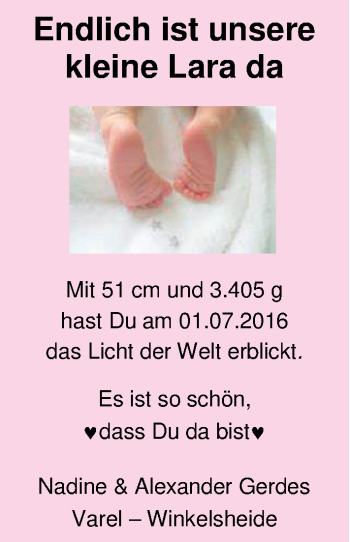 Babyanzeige von Lara Gerdes von Nordwest-Zeitung