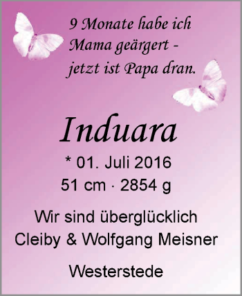 Babyanzeige von Induara Meisner von Nordwest-Zeitung