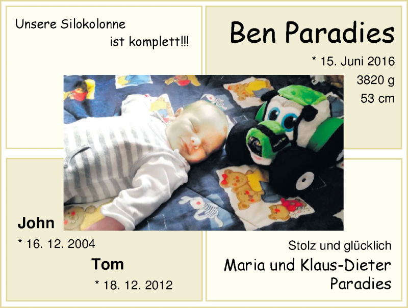 Anzeige für Ben Paradies vom 02.07.2016 aus Nordwest-Zeitung