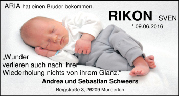 Babyanzeige von Rikon  von Nordwest-Zeitung