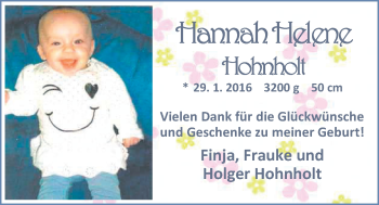 Babyanzeige von Hannah Helene Hohnholt von Nordwest-Zeitung