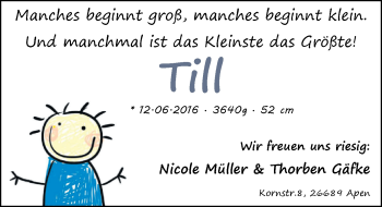 Babyanzeige von Till Gäfke von Nordwest-Zeitung