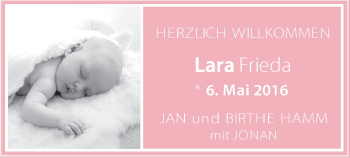 Babyanzeige von Lara Frieda Hamm von Nordwest-Zeitung