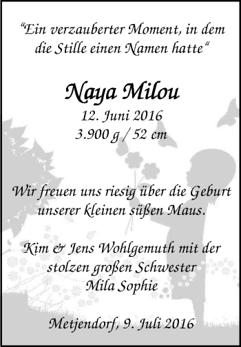 Babyanzeige von Naya Milou  Wohlgemuth von Nordwest-Zeitung