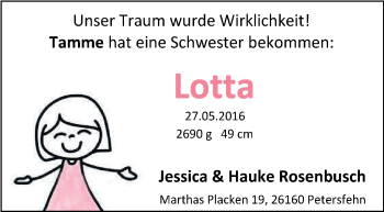 Babyanzeige von Lotta Rosenbusch von Nordwest-Zeitung