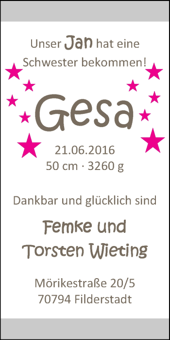 Babyanzeige von Gesa Wieting von Nordwest-Zeitung