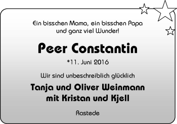 Babyanzeige von Peer Constantin Weinmann von Nordwest-Zeitung