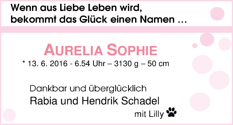 Anzeige für Aurelia Sophie Schadel vom 16.07.2016 aus Nordwest-Zeitung