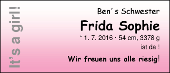 Babyanzeige von Frida Sophie  von Nordwest-Zeitung