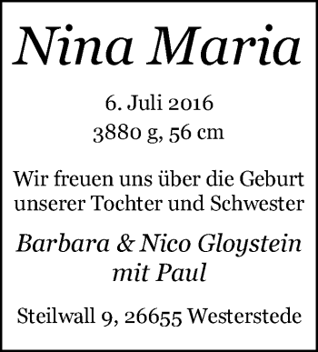 Babyanzeige von Nina Maria Gloystein von Nordwest-Zeitung