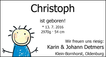 Babyanzeige von Christoph Detmers von Nordwest-Zeitung