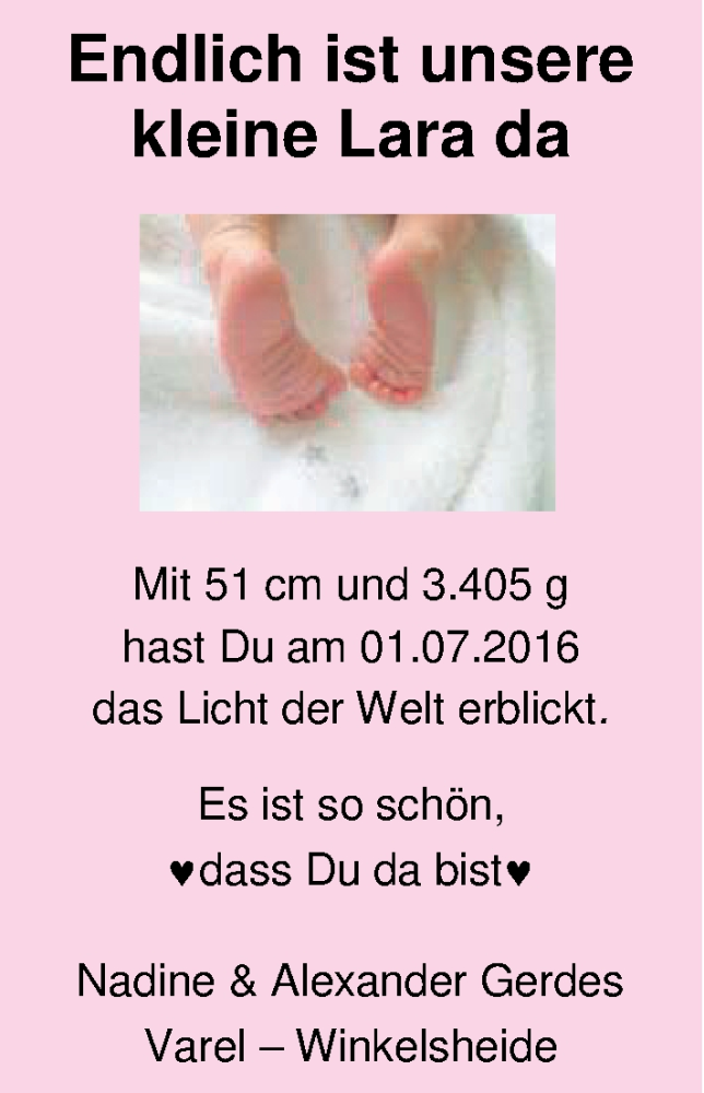 Anzeige für Lara Gerdes vom 30.07.2016 aus Nordwest-Zeitung