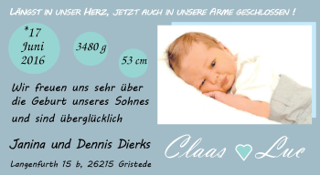 Babyanzeige von Claas Luc Dierks von Nordwest-Zeitung