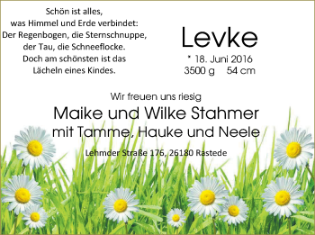 Babyanzeige von Levke Stahmer von Nordwest-Zeitung