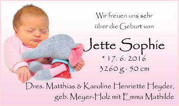 Babyanzeige von Jette Sophie  von Nordwest-Zeitung