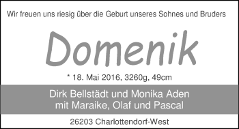Babyanzeige von Domenik  von Nordwest-Zeitung