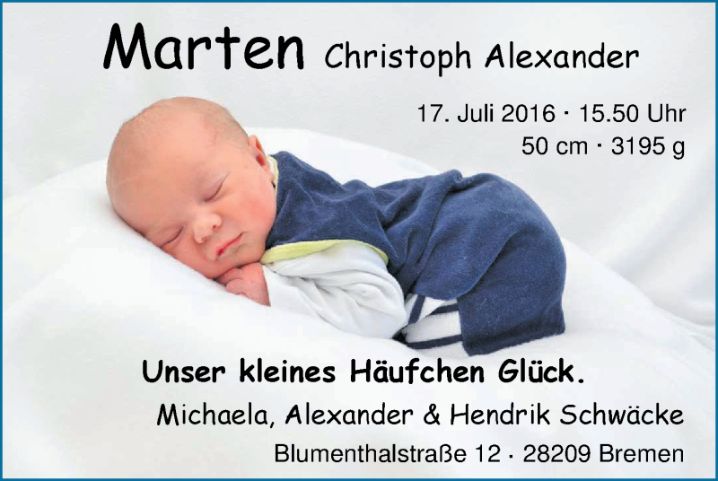 Anzeige für Marten Christoph Alexander  vom 30.07.2016 aus Nordwest-Zeitung