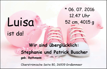Babyanzeige von Luisa Buscher von Nordwest-Zeitung
