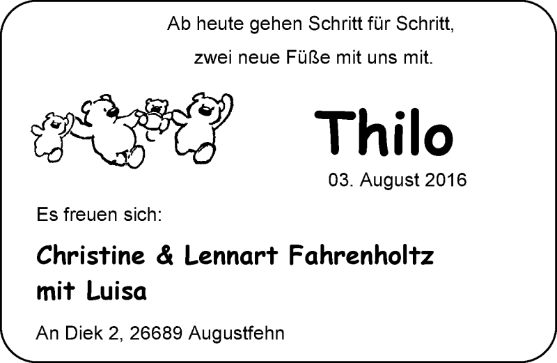 Anzeige für Thilo Fahrenholtz vom 09.08.2016 aus Nordwest-Zeitung