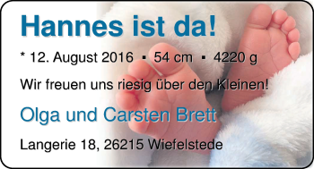 Babyanzeige von Hannes Brett von Nordwest-Zeitung