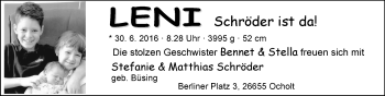 Babyanzeige von Leni Schröder von Nordwest-Zeitung