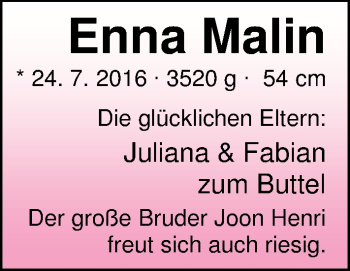 Babyanzeige von Enna Malin zum Buttel von Nordwest-Zeitung
