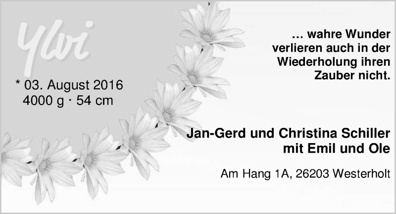 Anzeige für Ylvi Schiller vom 09.08.2016 aus Nordwest-Zeitung
