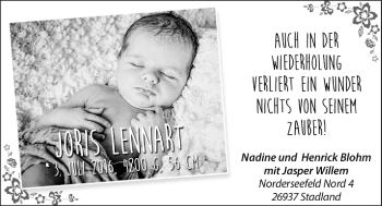 Babyanzeige von Joris Lennart Blohm von Nordwest-Zeitung