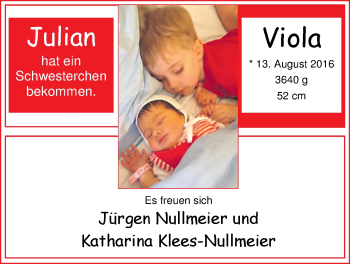 Babyanzeige von Viola Nullmeier von Nordwest-Zeitung