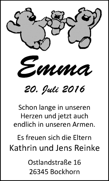 Babyanzeige von Emma Reinke von Nordwest-Zeitung