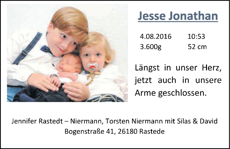 Anzeige für Jesse Jonathan Niermann vom 27.08.2016 aus Nordwest-Zeitung