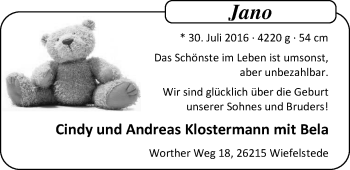 Babyanzeige von Jano Klostermann von Nordwest-Zeitung