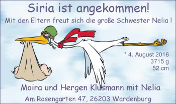 Babyanzeige von Siria Klusmann von Nordwest-Zeitung