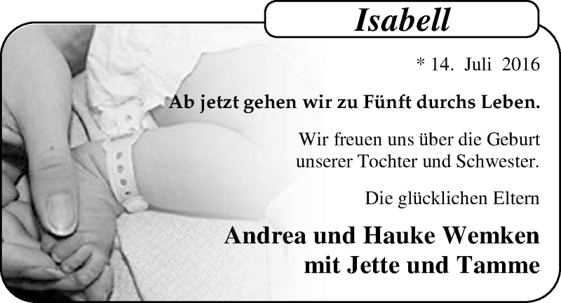 Anzeige für Isabell Wemken vom 27.08.2016 aus Nordwest-Zeitung
