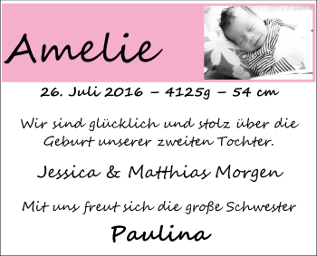 Babyanzeige von Amelie Morgen von Nordwest-Zeitung