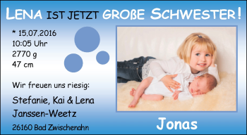 Babyanzeige von Jonas Janssen-Weetz von Nordwest-Zeitung