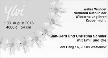 Babyanzeige von Ylvi Schiller von Nordwest-Zeitung