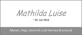 Babyanzeige von Mathilda Luise Brumund von Nordwest-Zeitung