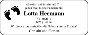 Babyanzeige von Lotta Heemann von Nordwest-Zeitung