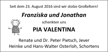 Babyanzeige von Pia Valentina  von Nordwest-Zeitung