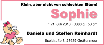 Babyanzeige von Sophie Reinhardt von Nordwest-Zeitung