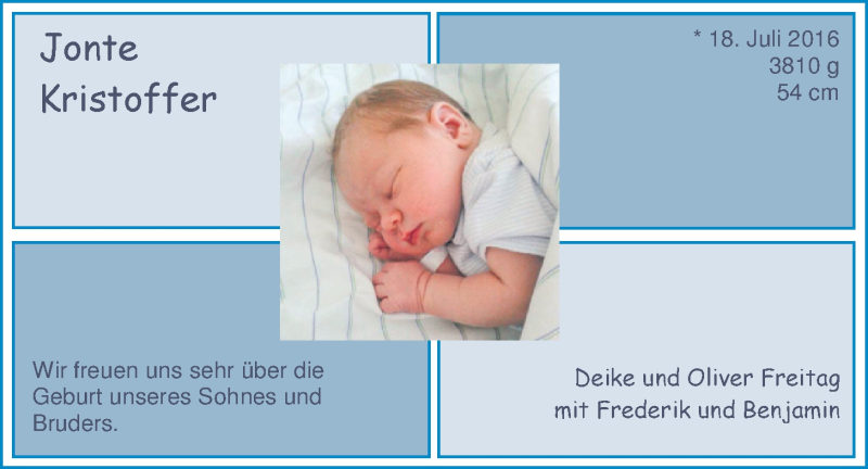 Anzeige für Jonte Kristoffer  vom 06.08.2016 aus Nordwest-Zeitung