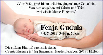 Babyanzeige von Fenja Gudula  von Nordwest-Zeitung