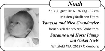 Babyanzeige von Noah Grundmeier von Nordwest-Zeitung