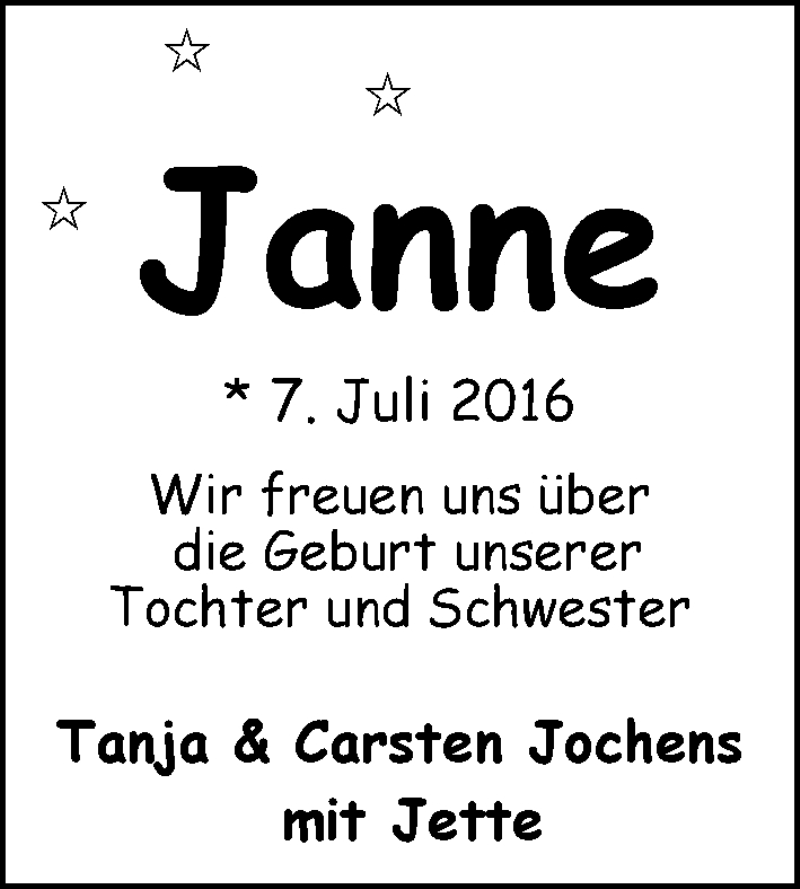 Anzeige für Janne Jochens vom 27.08.2016 aus Nordwest-Zeitung